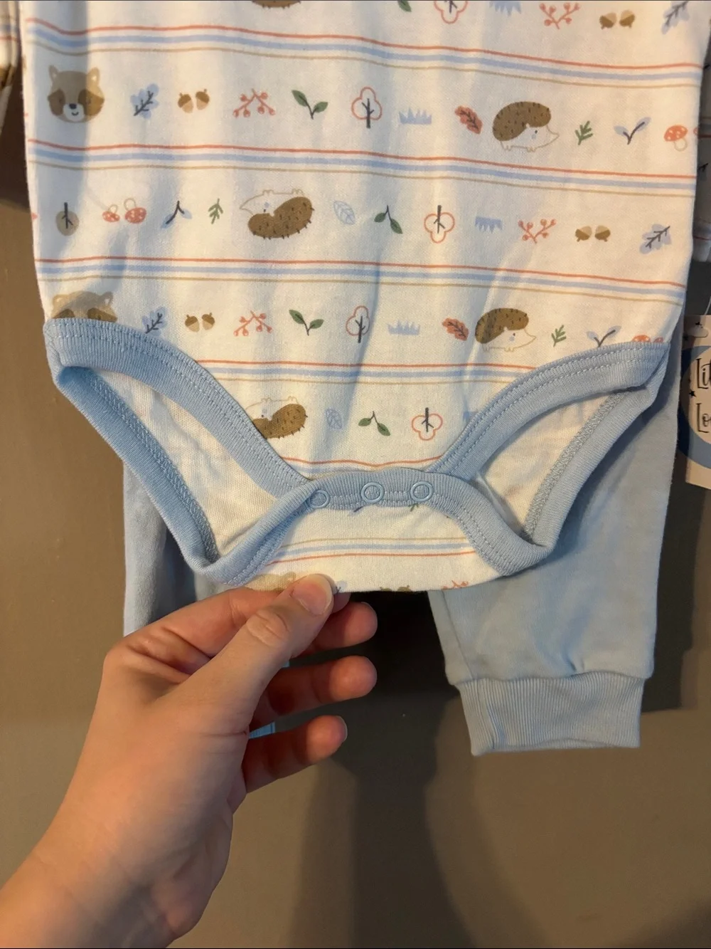 Little & Loved Blue Bear & Hedgehog Print Onesie & Pant Set with Hat 6-9M NWT